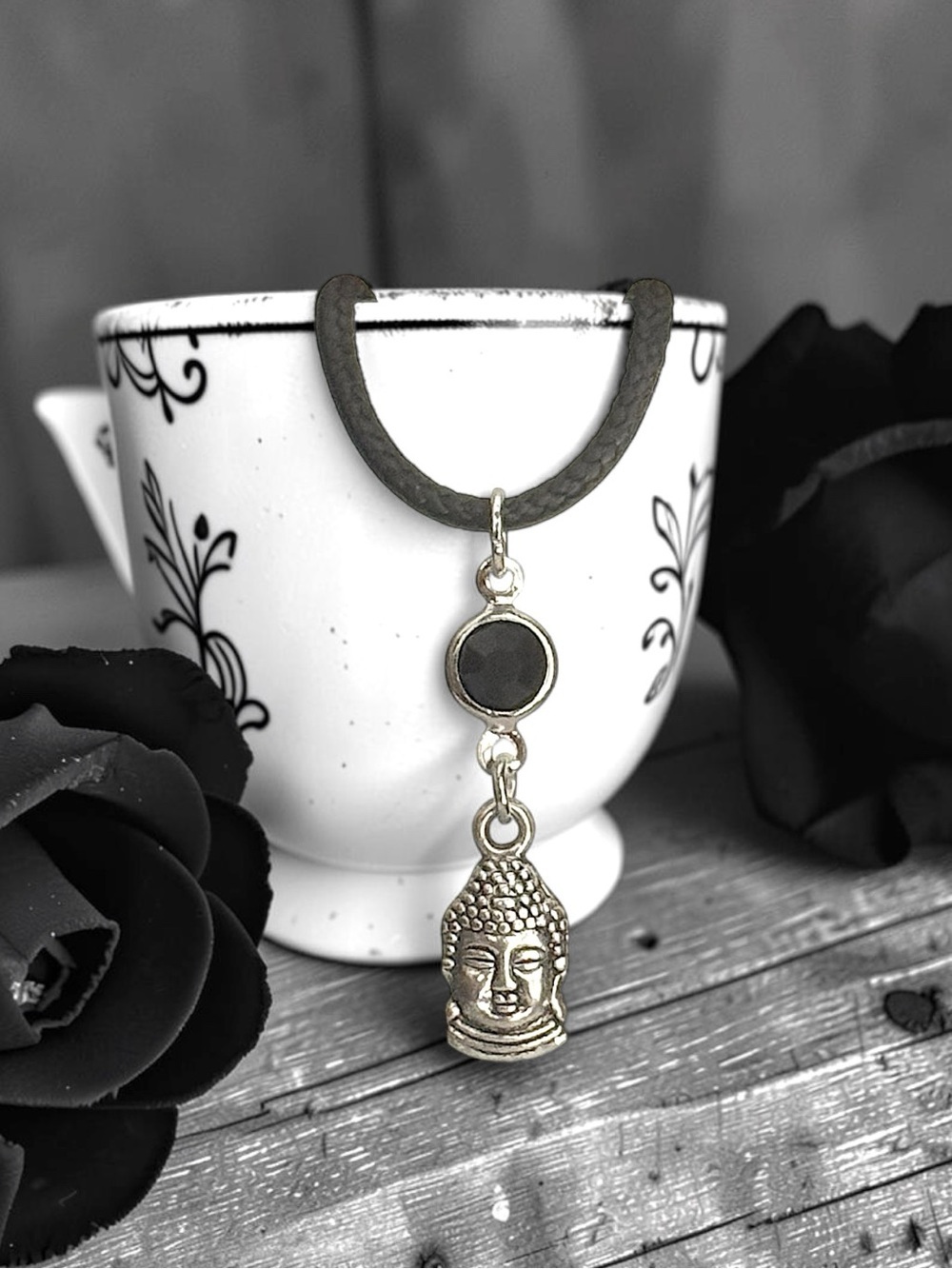 5 For $25💫Silver Buddha Pendant Necklace With Black Acrylic Gem Accent